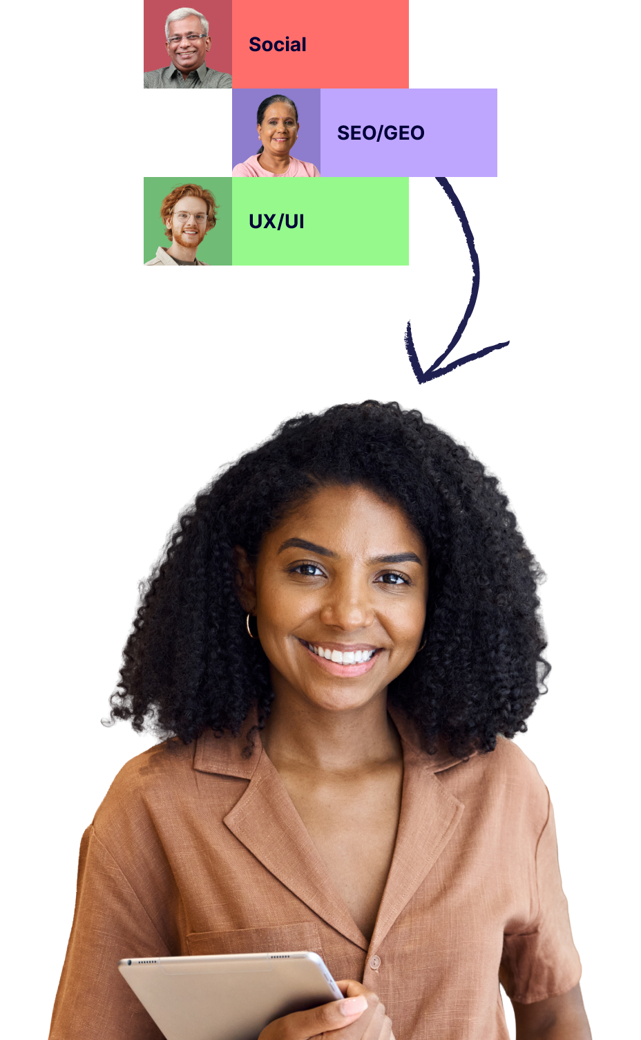 cluster above woman ipad