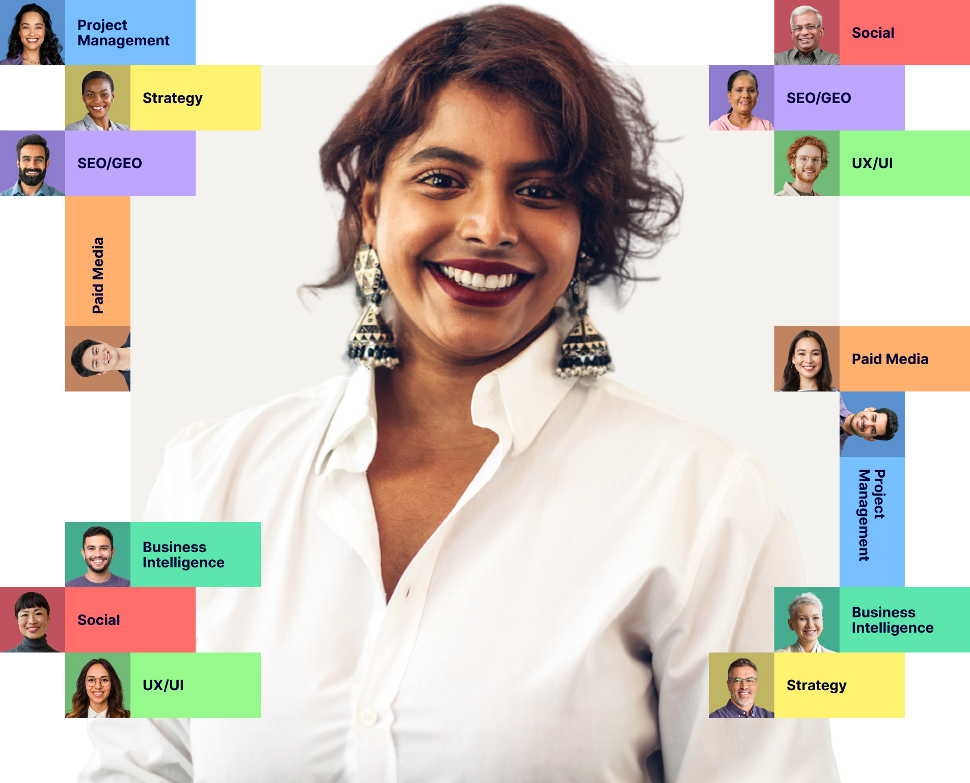 woman smiling with bars around earrings