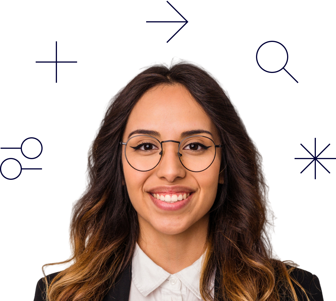 woman with glasses and icons above 1